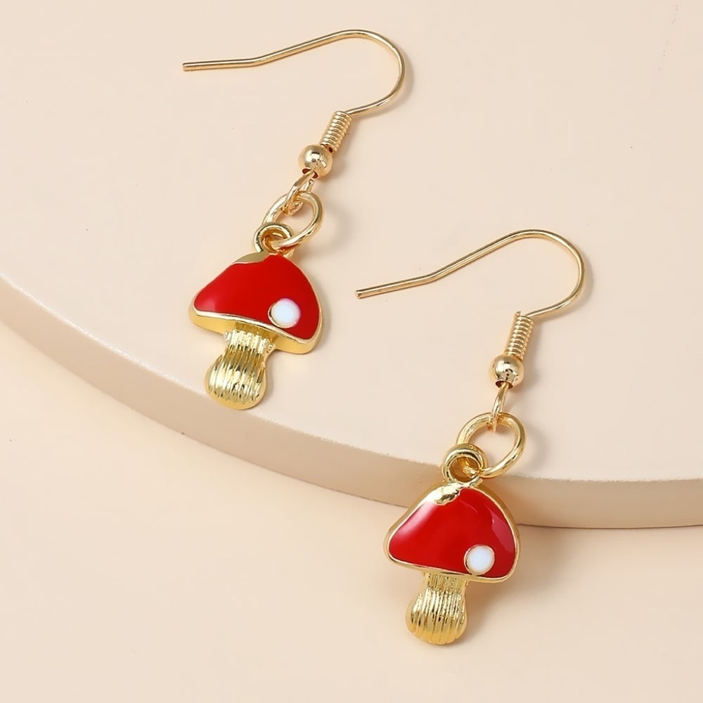 *ARYA* Gold x Red Mushroom Fashion Dangle Earrings